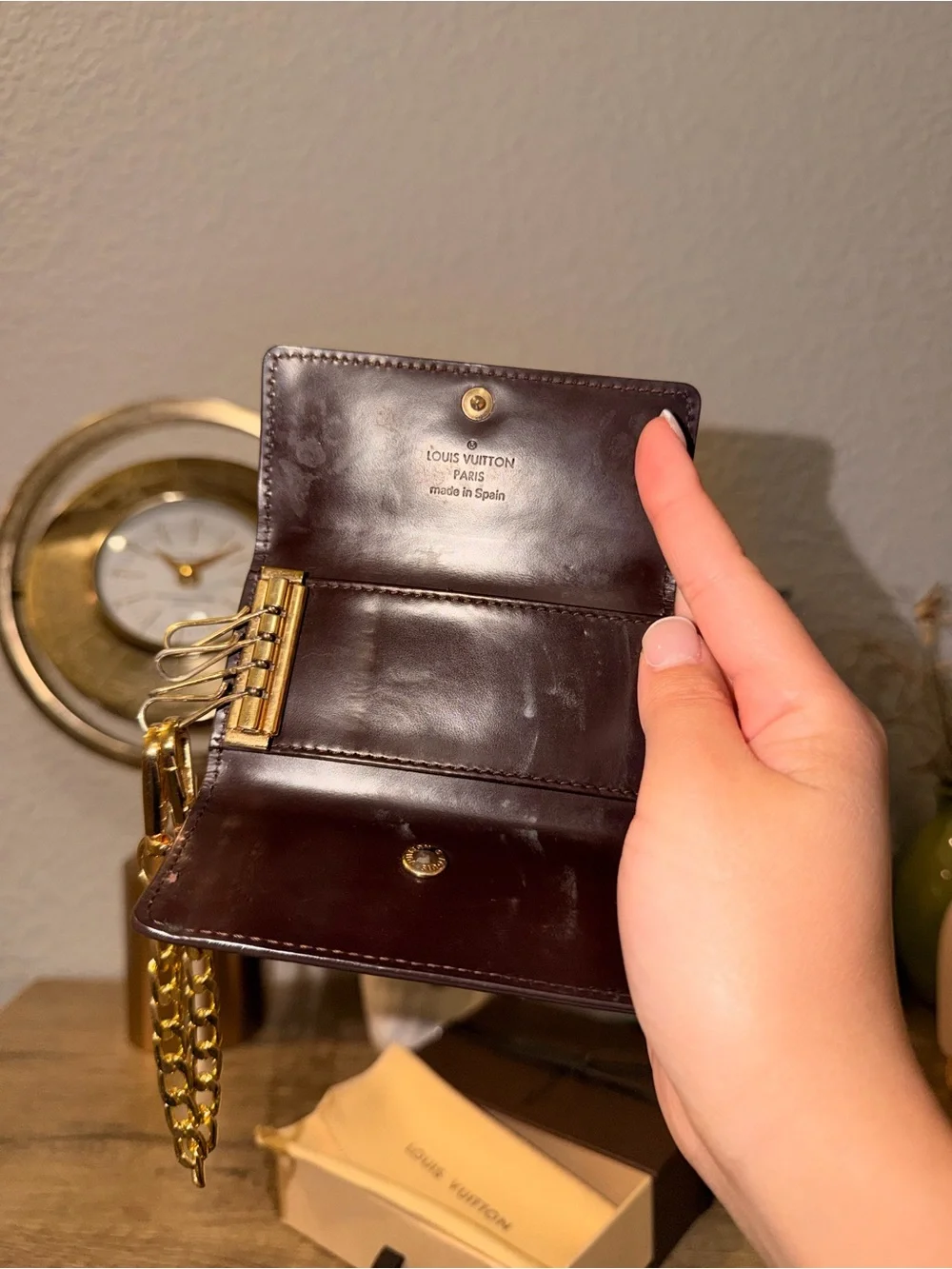 Louis Vuitton Burgundy Vernis Monogram Key Pouch with Gold Chain